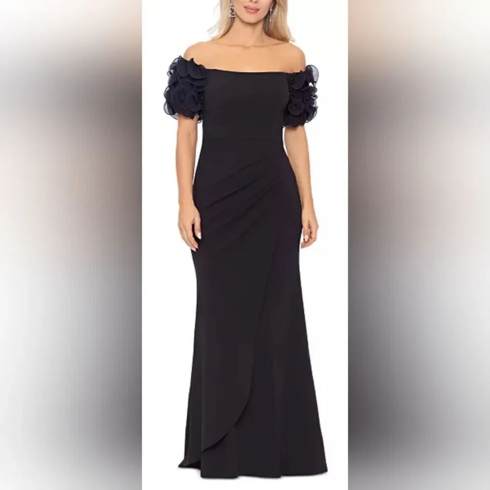 XSCAPE Ashlyn Off-The-Shoulder Ruffled-Sleeve Gown NWT size 6 Black